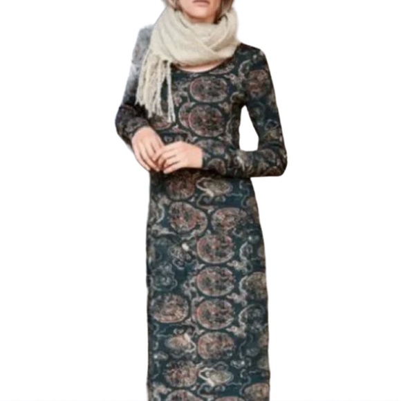 Peruvian Connection dress Dragon maxi mid long sleeve teal blue green boho print - Picture 2 of 5